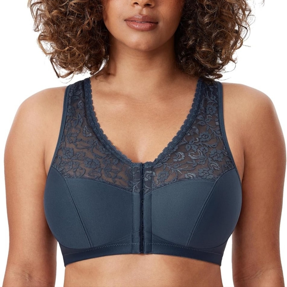 DelimiraWomen's Lace Front-Closure Bra - Dark Blue No Underwire Full Coverage Nw